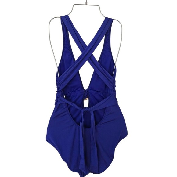 Trina Turk swimsuit size 10 Plunging neckline Blue Island Beach Resort Vacation - Picture 3 of 9